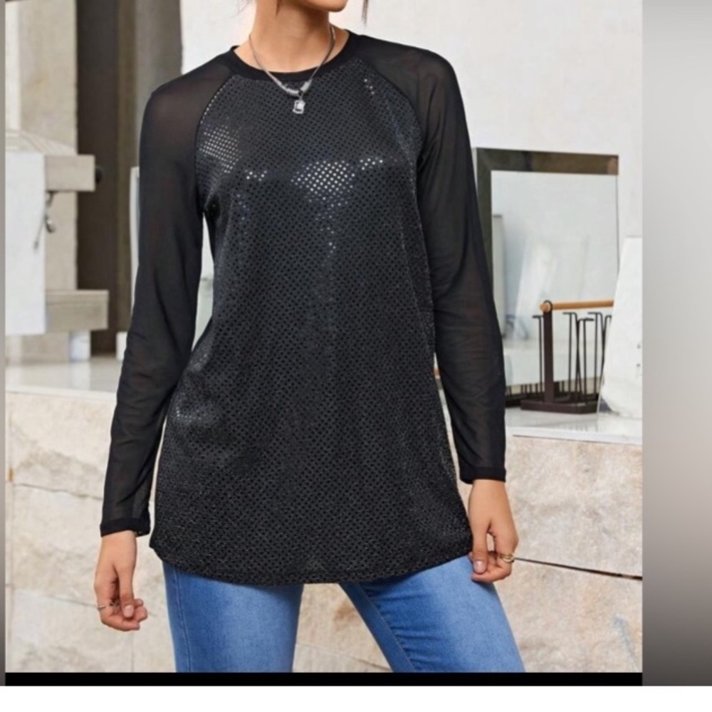 SHEINNeu Contrast Mesh Raglan Sleeve Sequin Top size XS new - Picture 9 of 12
